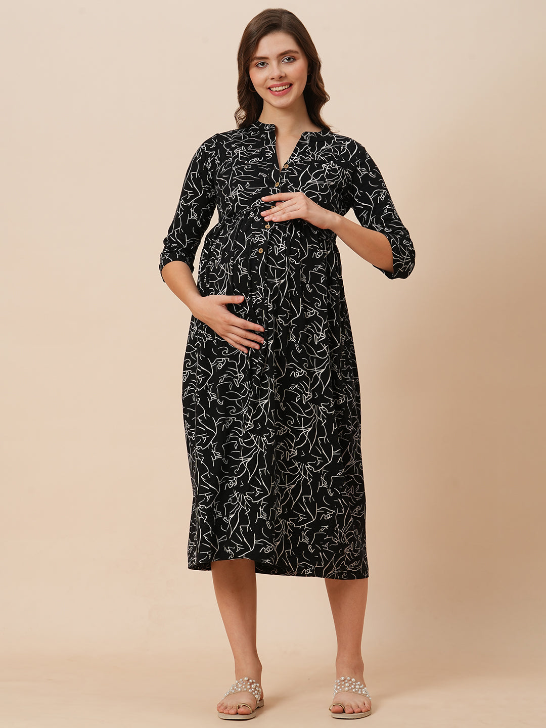 Organic Cotton Full Length Maternity Dress with 3/4th sleeves ISML021-Black line art