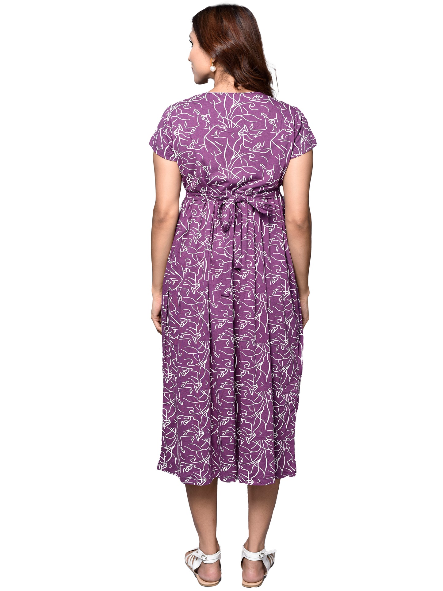 Organic Cotton Maxi Length Maternity Dress with short sleeves ISML017-Orchid Line Art