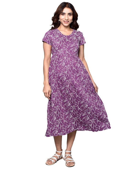 Organic Cotton Maxi Length Maternity Dress with short sleeves ISML017-Orchid Line Art