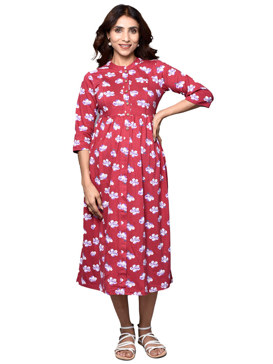 Organic Cotton Full Length Maternity Dress with 3/4th sleeves ISML022-Wine Sakura