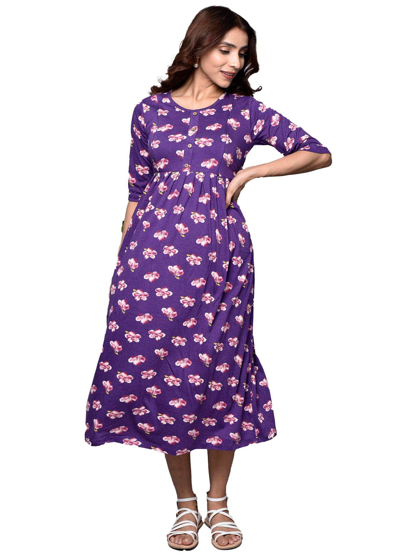 Organic Cotton Long Length Maternity Dress with 3/4th sleeves ISML016-Violet Sakura