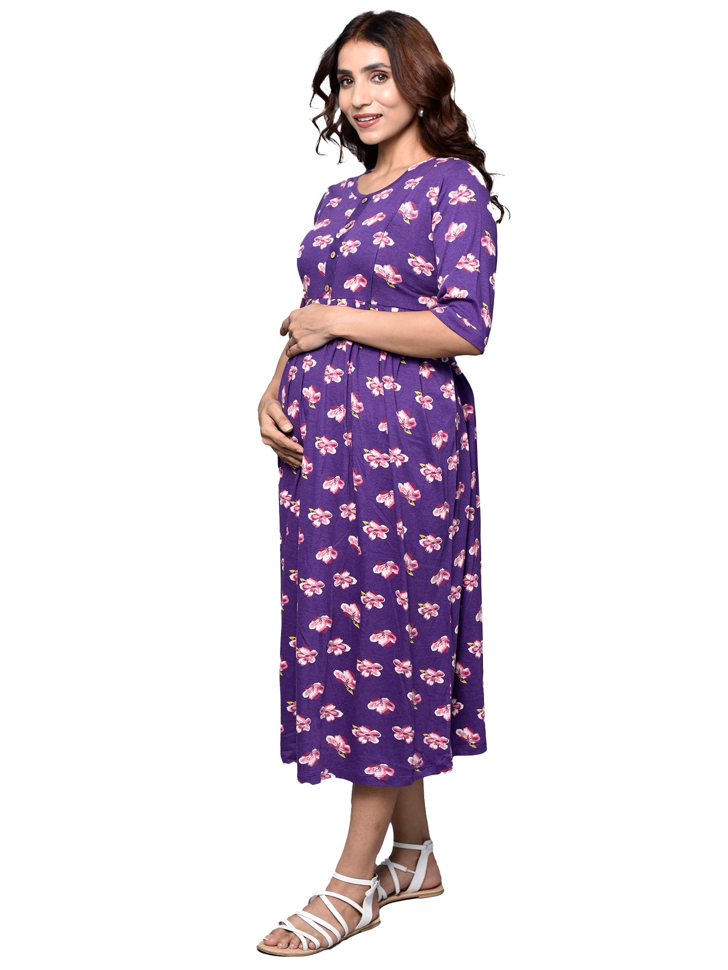 Organic Cotton Long Length Maternity Dress with 3/4th sleeves ISML016-Violet Sakura