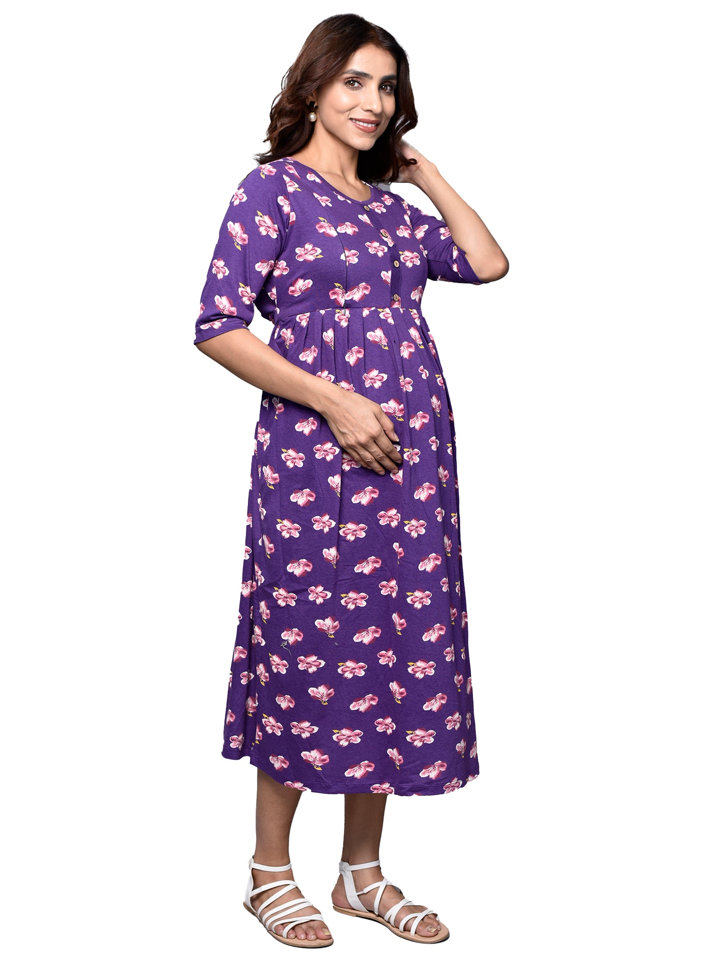 Organic Cotton Long Length Maternity Dress with 3/4th sleeves ISML016-Violet Sakura