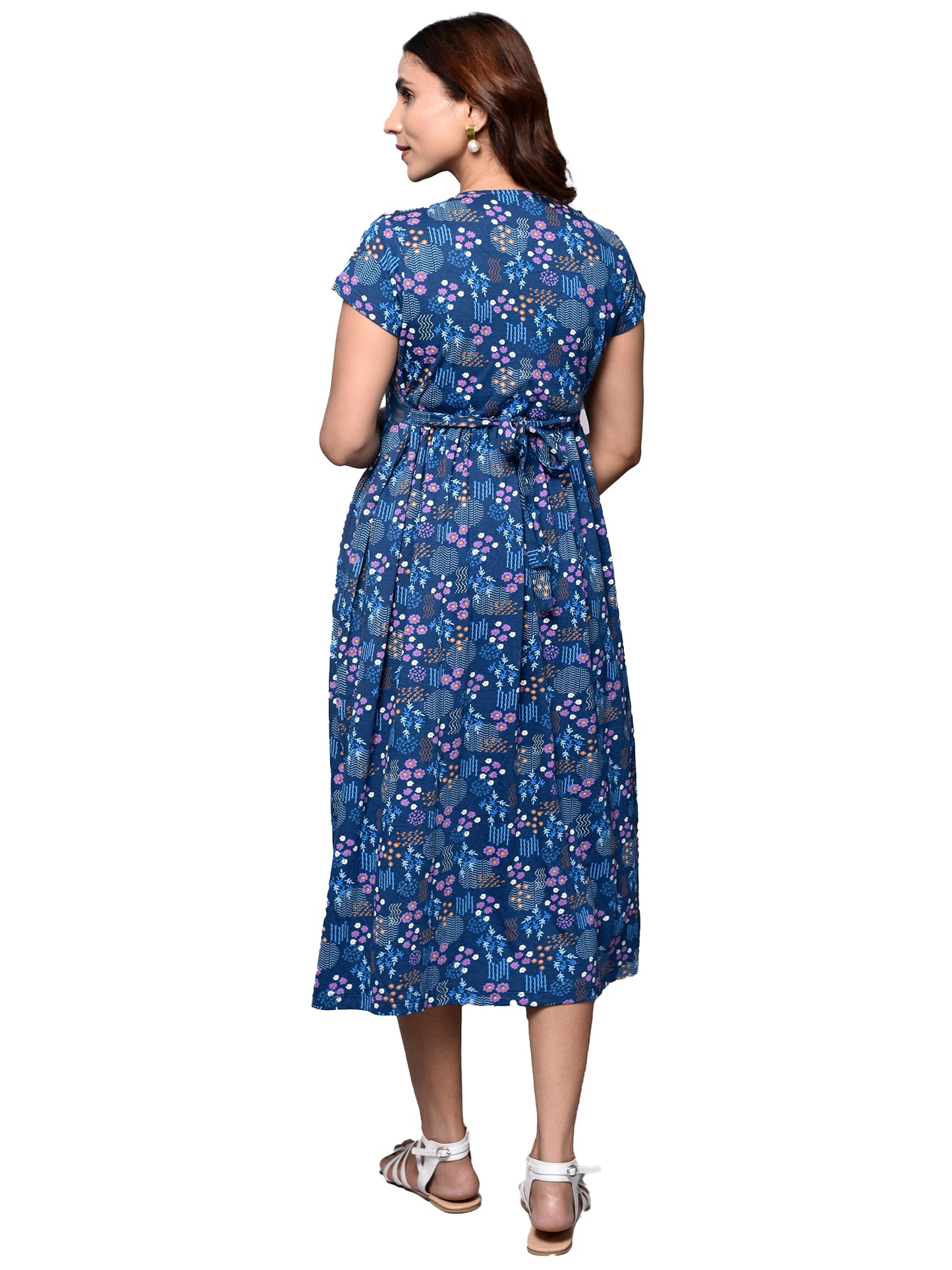 Organic Cotton Maxi Length Maternity Dress with short sleeves ISML018-Blue Vintage Garden