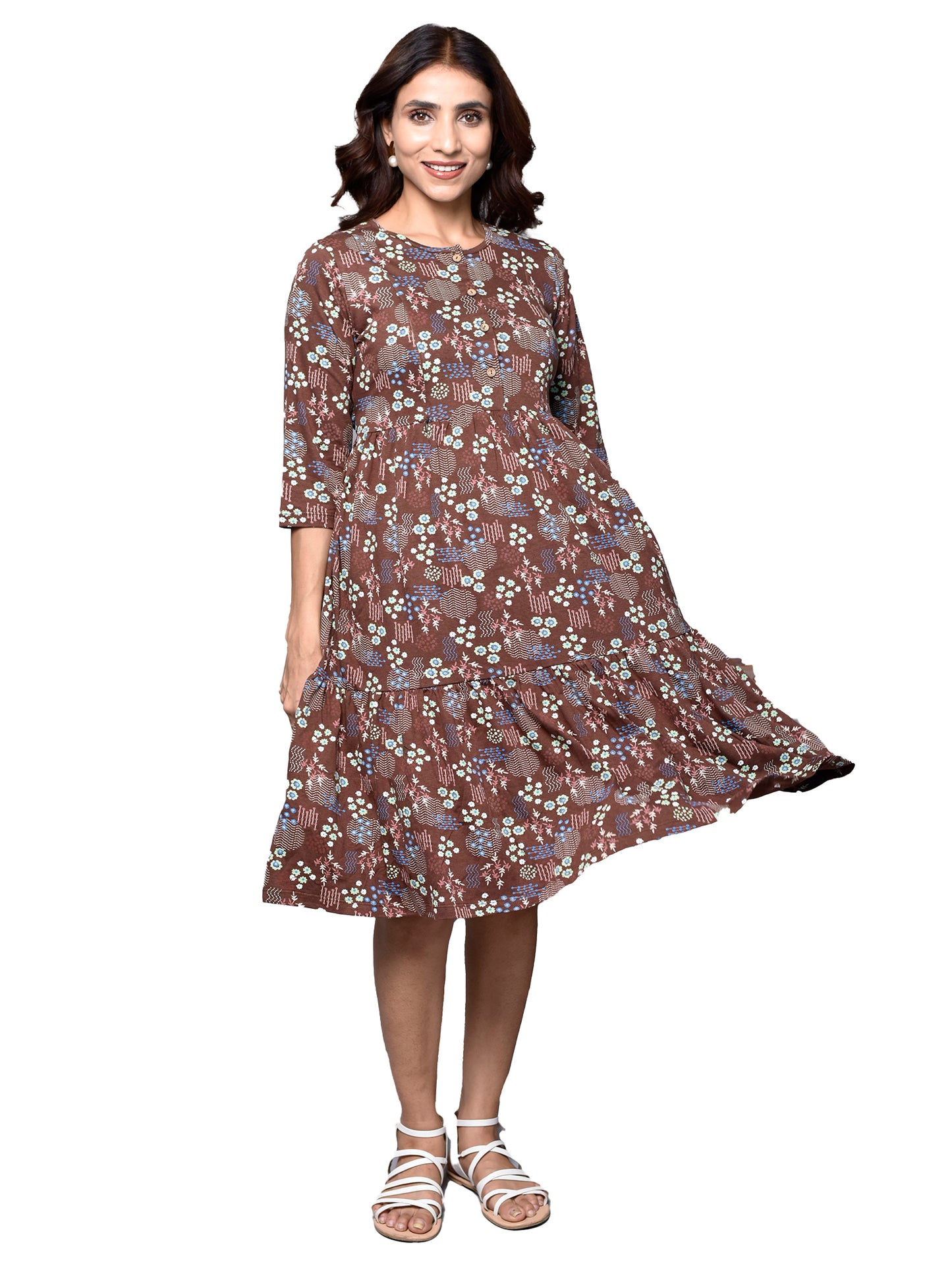 Organic Cotton Knee Length Maternity Dress with 3/4th sleeves ISML020