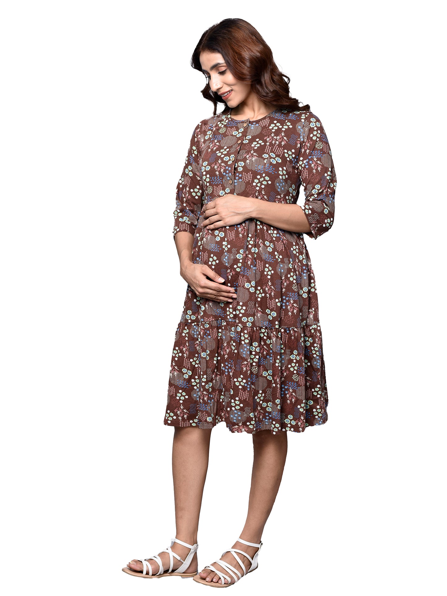 Organic Cotton Knee Length Maternity Dress with 3/4th sleeves ISML020-Brown Vintage Garden