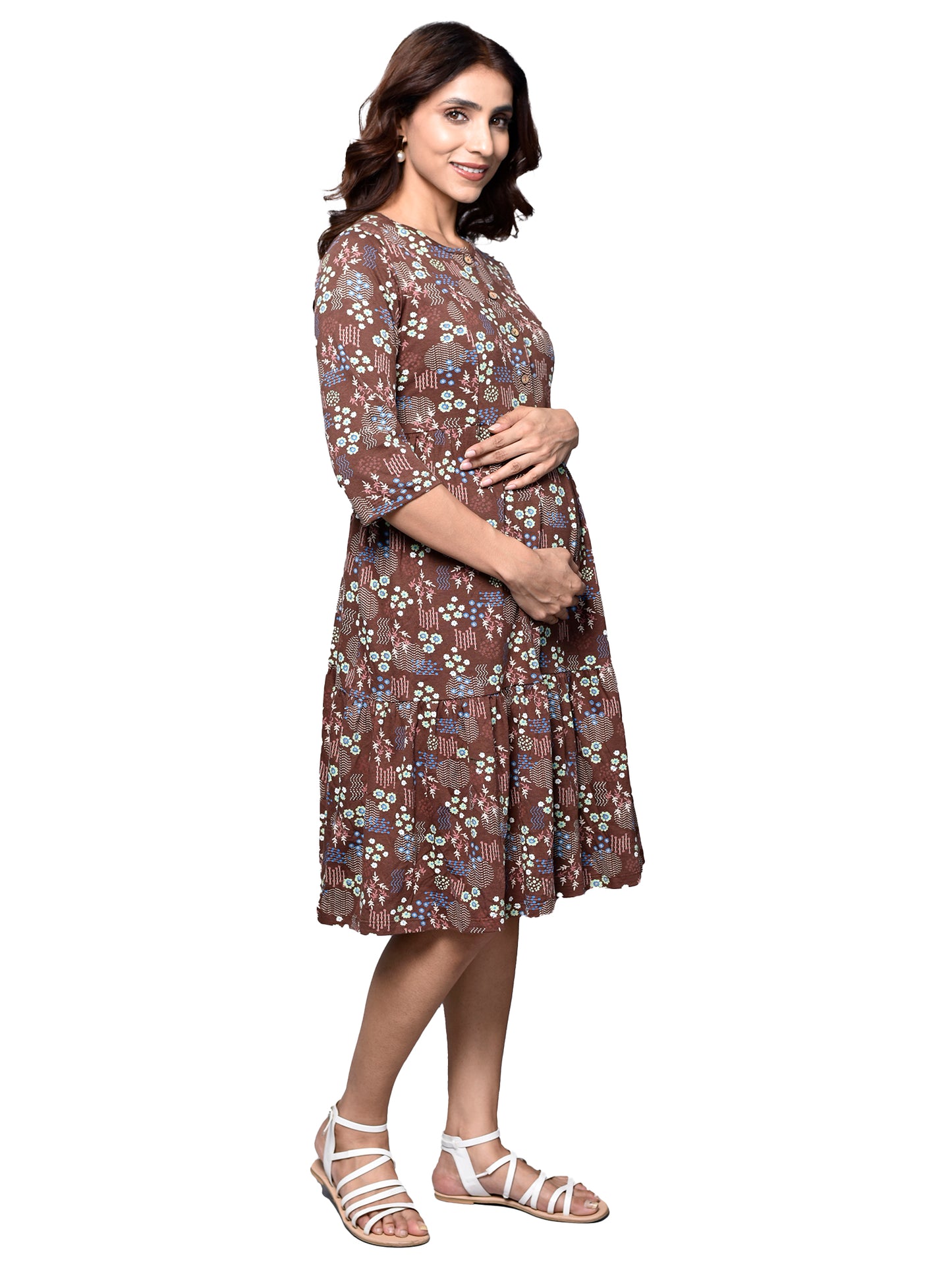 Organic Cotton Knee Length Maternity Dress with 3/4th sleeves ISML020-Brown Vintage Garden