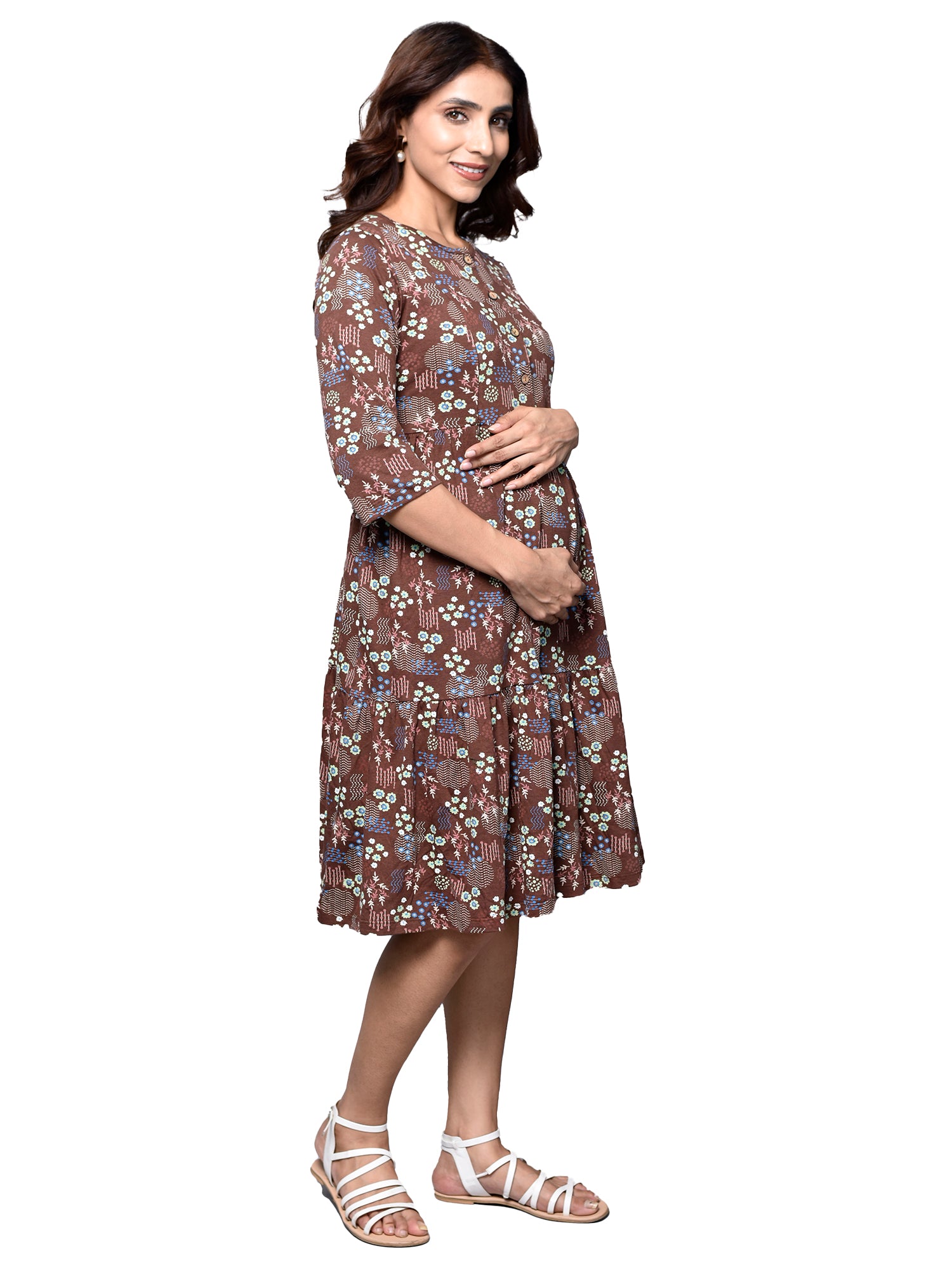 Organic Cotton Knee Length Maternity Dress with 3/4th sleeves ISML020