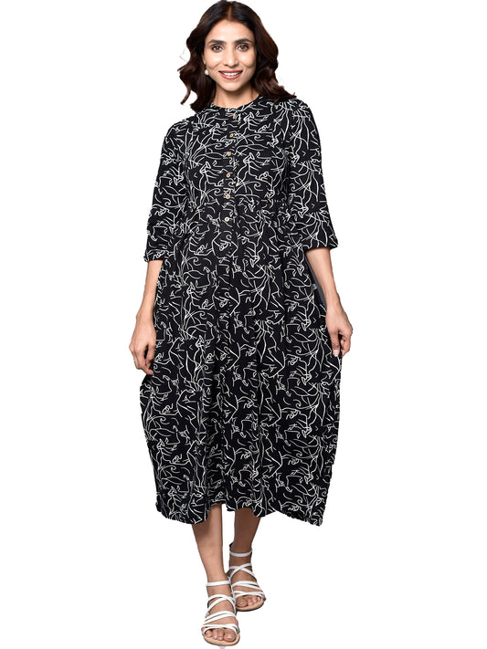 Organic Cotton Full Length Maternity Dress with 3/4th sleeves ISML021-Black line art