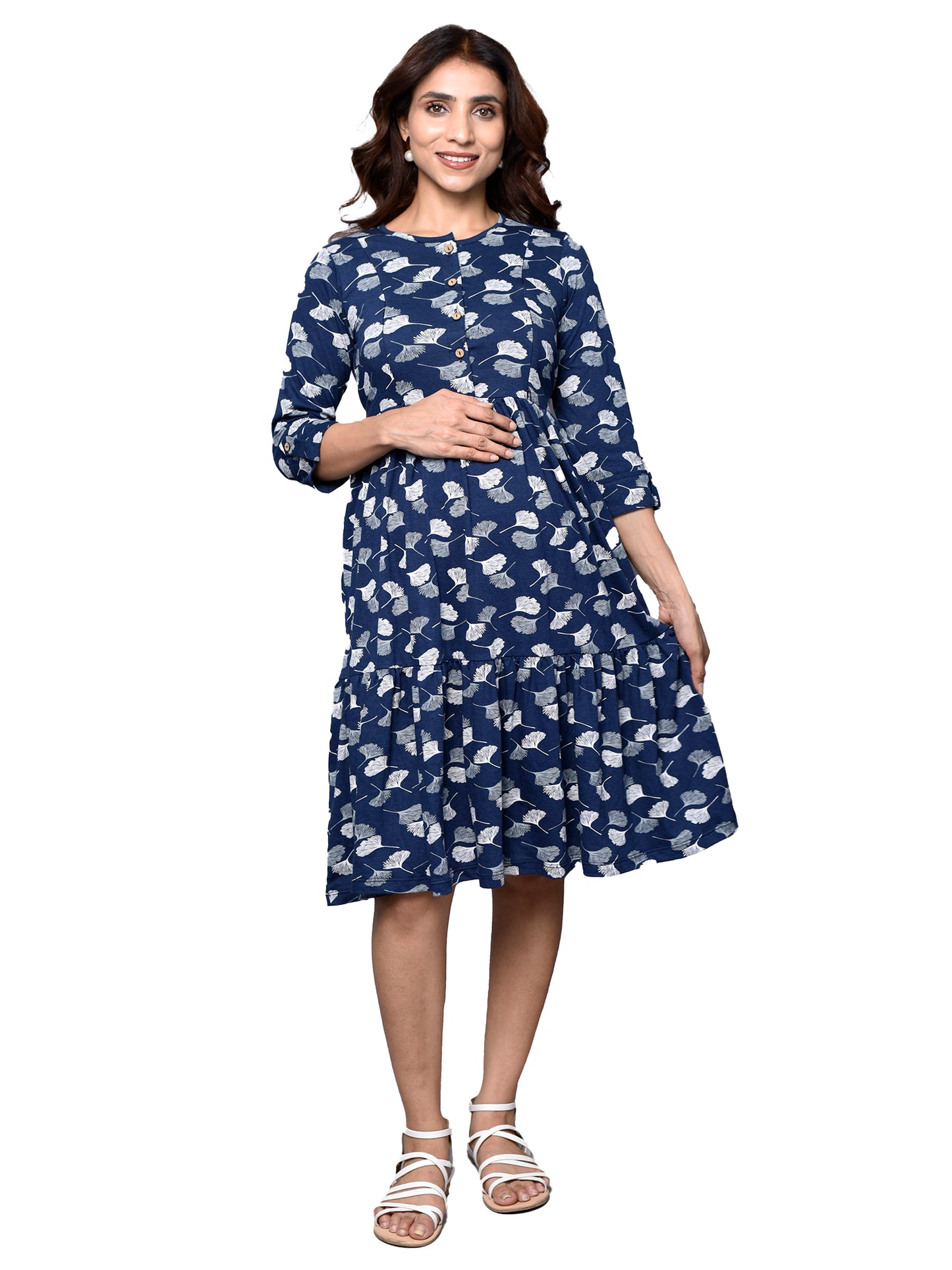 Organic Cotton Knee Length Maternity Dress with 3/4th sleeves ISML019-Navy Petals