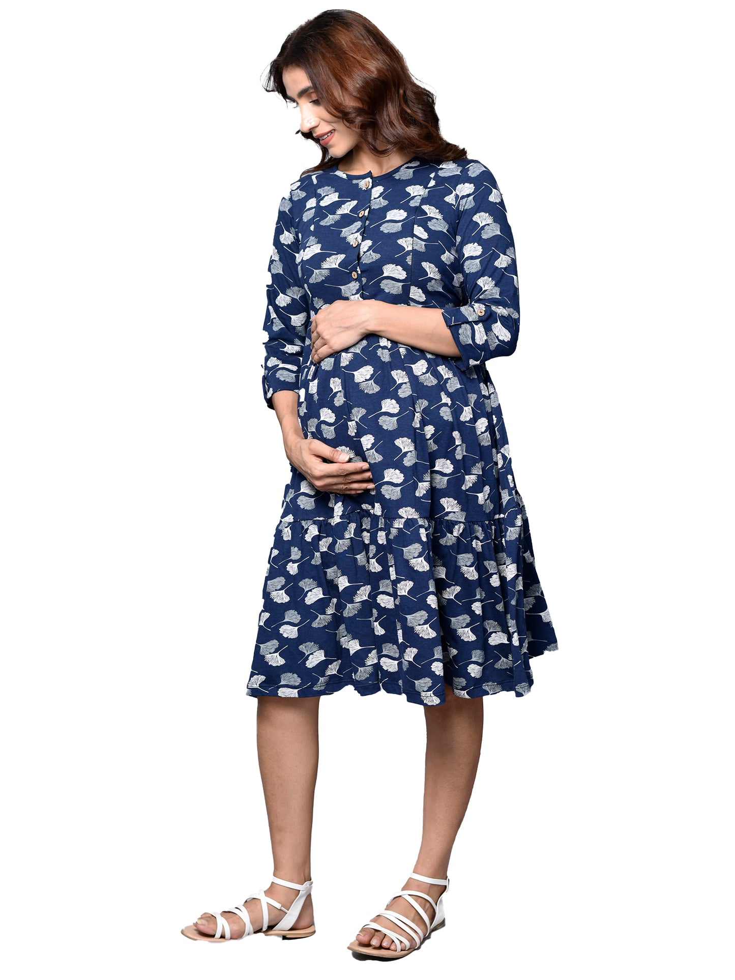 Organic Cotton Knee Length Maternity Dress with 3/4th sleeves ISML019-Navy Petals