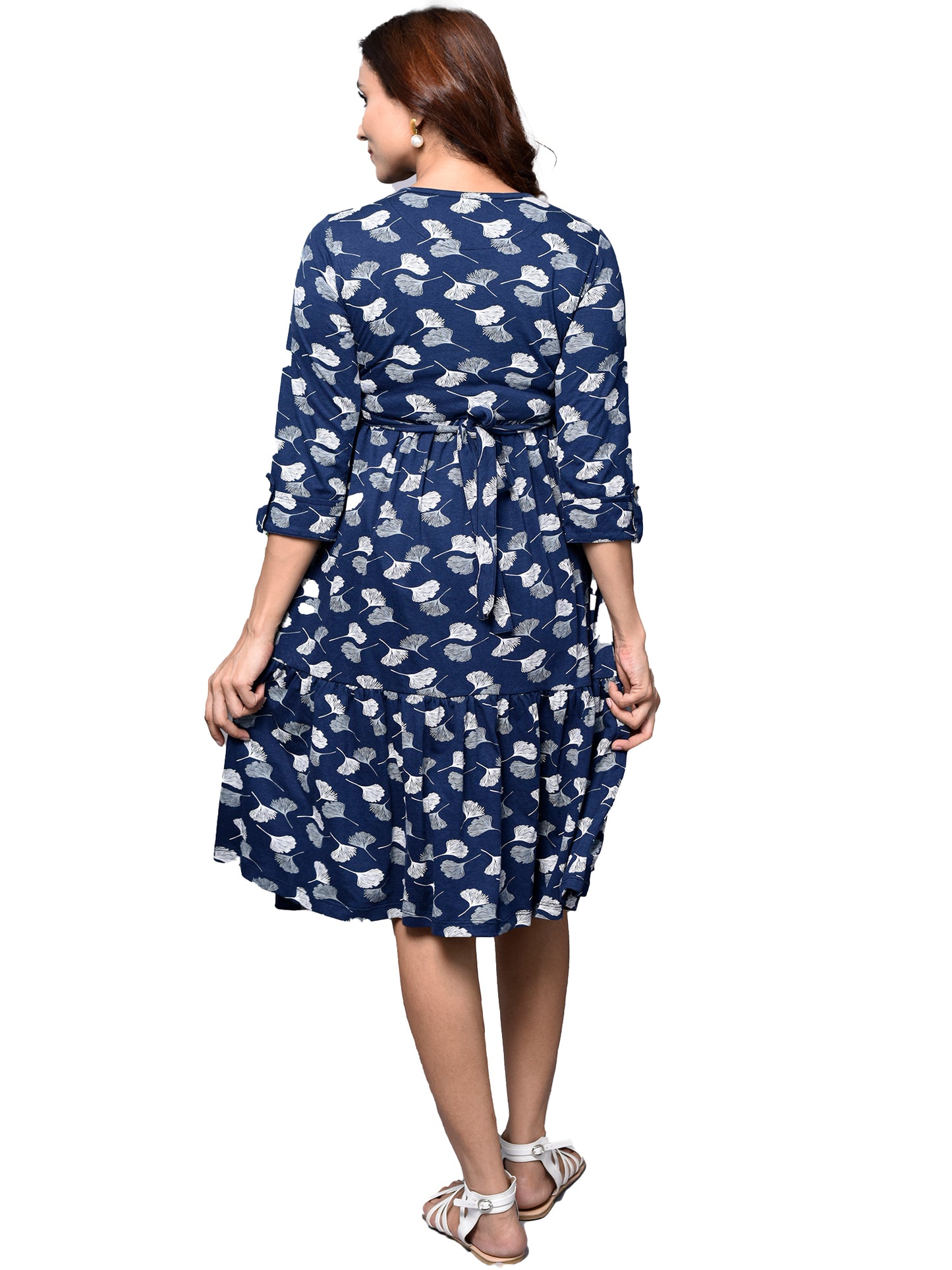 Organic Cotton Knee Length Maternity Dress with 3/4th sleeves ISML019-Navy Petals