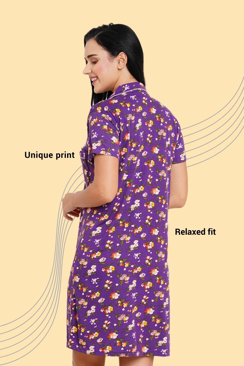 Organic Cotton and Bamboo fibre sleep shirt with an eye mask_ISL025-Acai floral print