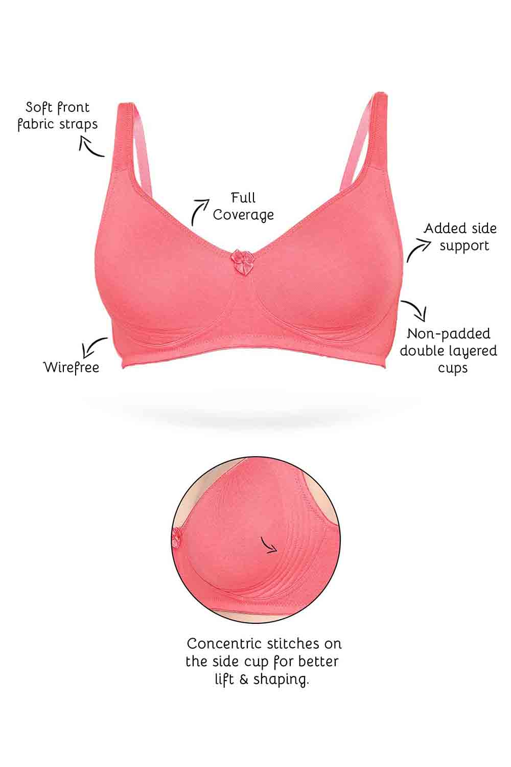 Organic Cotton  Antimicrobial  Seamless Side Support Bra (Pack of 2)-ISB057-Pink Lace Print_Bright Pink-