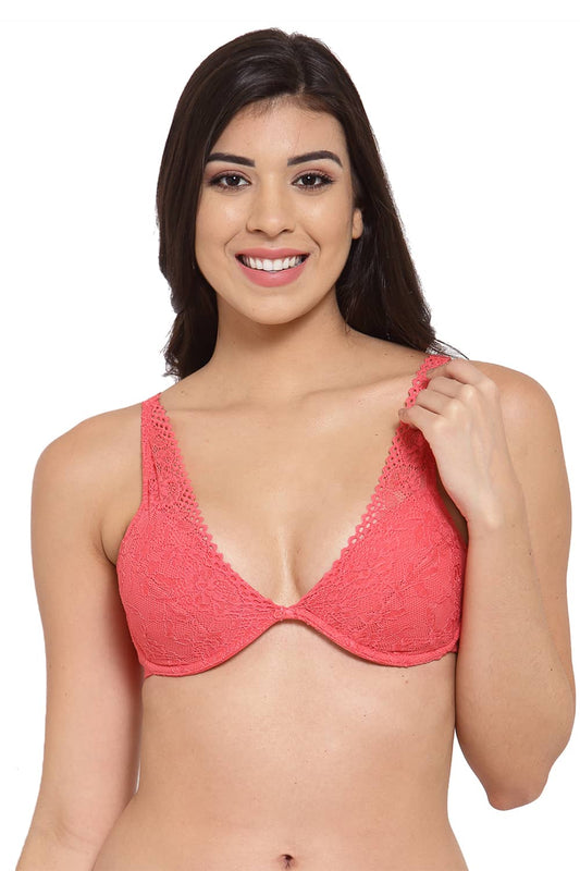 Organic Cotton Antimicrobial Laced Cushioned Padded underwired Bra-ISB107-Poping Bright Pink-