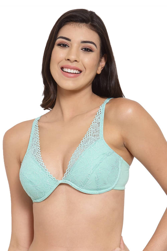 Organic Cotton Antimicrobial Laced Cushioned Padded underwired Bra-ISB107-Ocean Green-