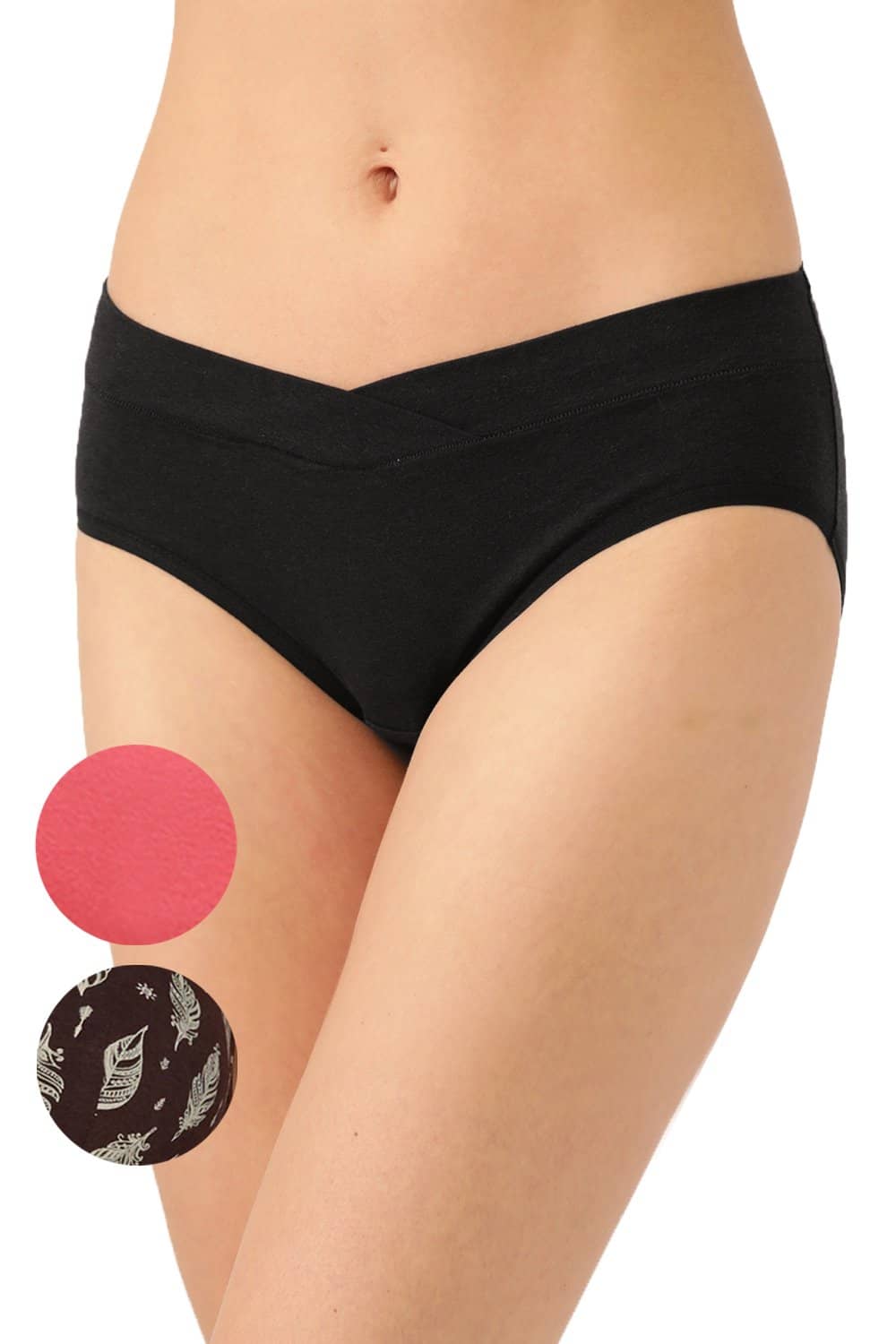 Organic Cotton Antimicrobial Maternity Panty (Pack Of 3)-IMP102-Black_Bright Pink_Feather Print-