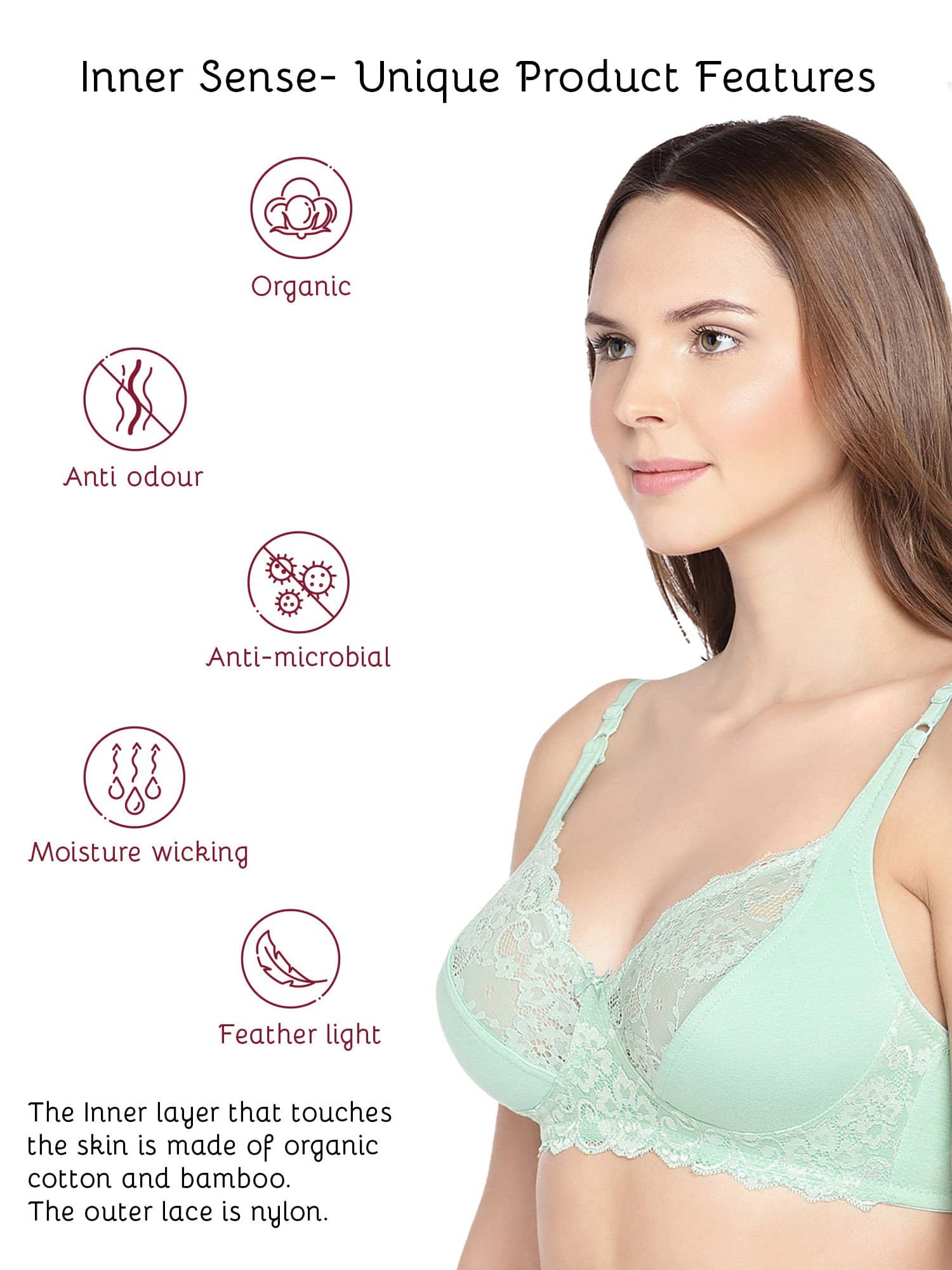 Buy Inner Sense Organic Cotton Antimicrobial Laced Non-Padded Bra - Green  online