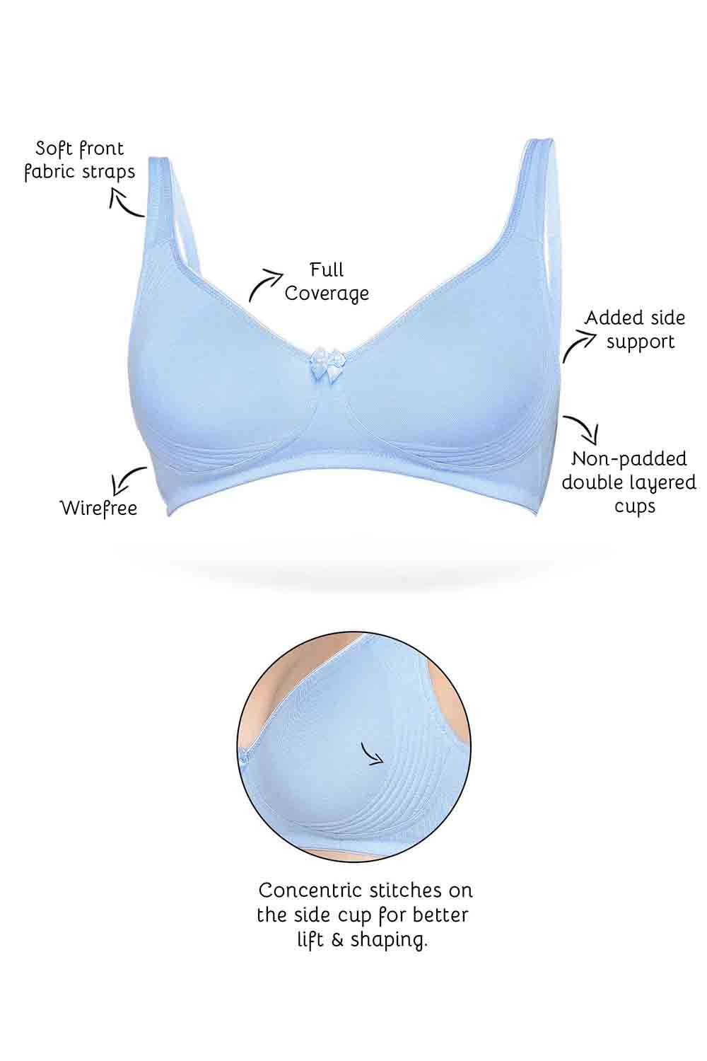 Organic Cotton  Antimicrobial  Seamless Side Support Bra-ISB057-SkyBlue-