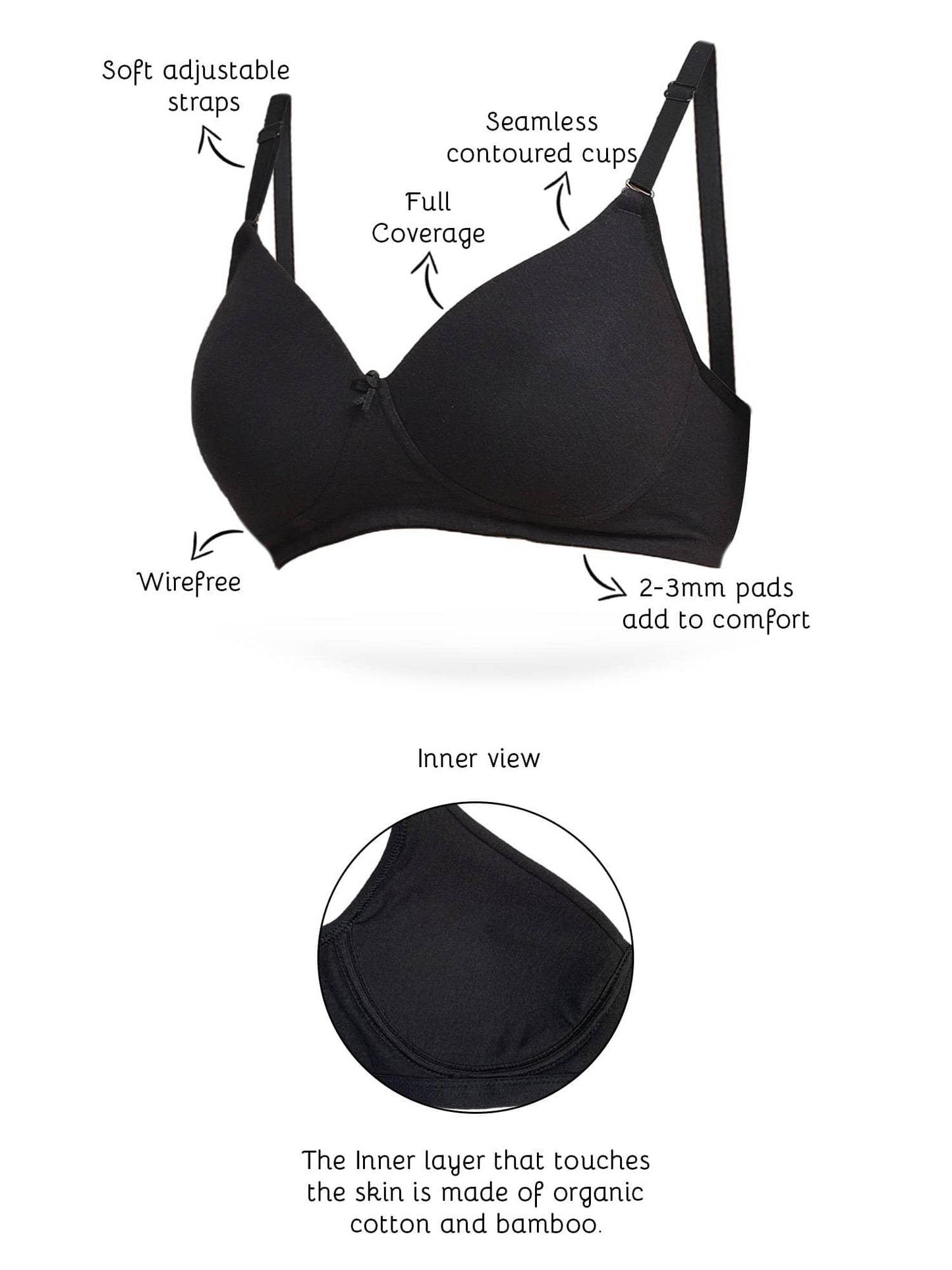 Organic Cotton Antimicrobial Wire-Free Padded Bra-ISB068-Black-