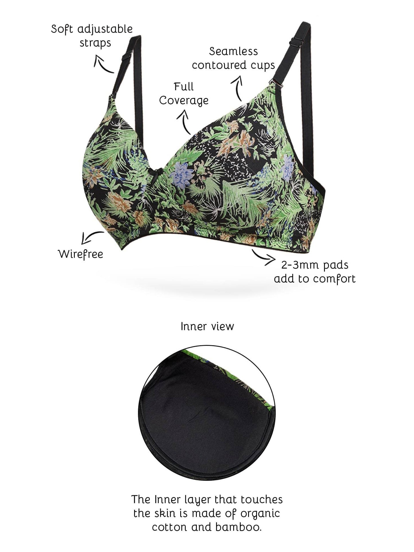 Organic Cotton  Antimicrobial Wire-free Padded Bra (Pack of 2)-ISB068-Bright Pink_Jungle Print-