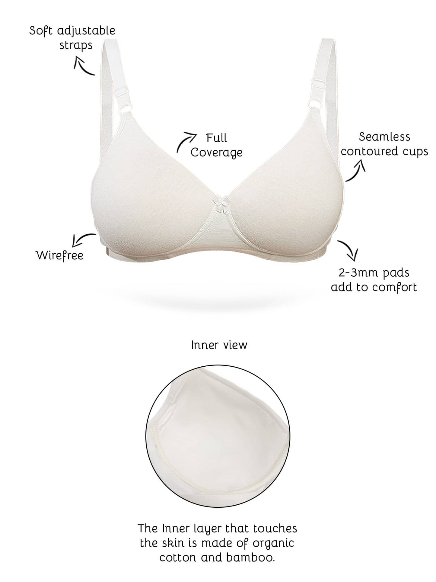 Organic Cotton Antimicrobial Wire-Free Padded Bra-ISB068-Milky White-