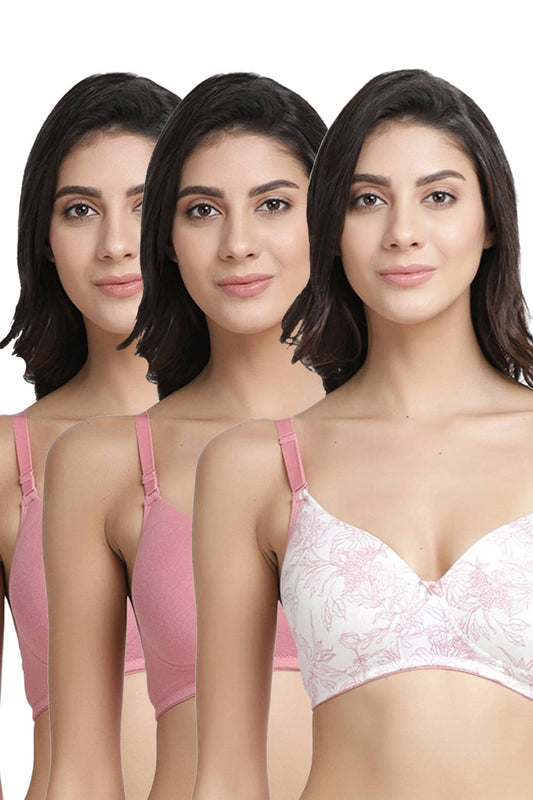 Organic Cotton  Antimicrobial Wire-free Padded Bra (Pack of 3)-ISB068-Mauve_Mauve_Coral Pink-
