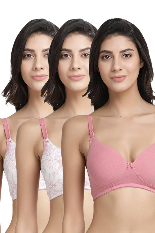 Organic Cotton  Antimicrobial Wire-free Padded Bra (Pack of 3)-ISB068-Coral Pink_Coral Pink_Mauve-