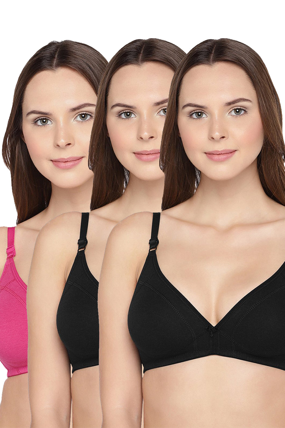 Organic Cotton Antimicrobial Seamless Triangular Bra with Supportive Stitch (Pack of 3)-ISB099-_Black_Black_Fuschia-
