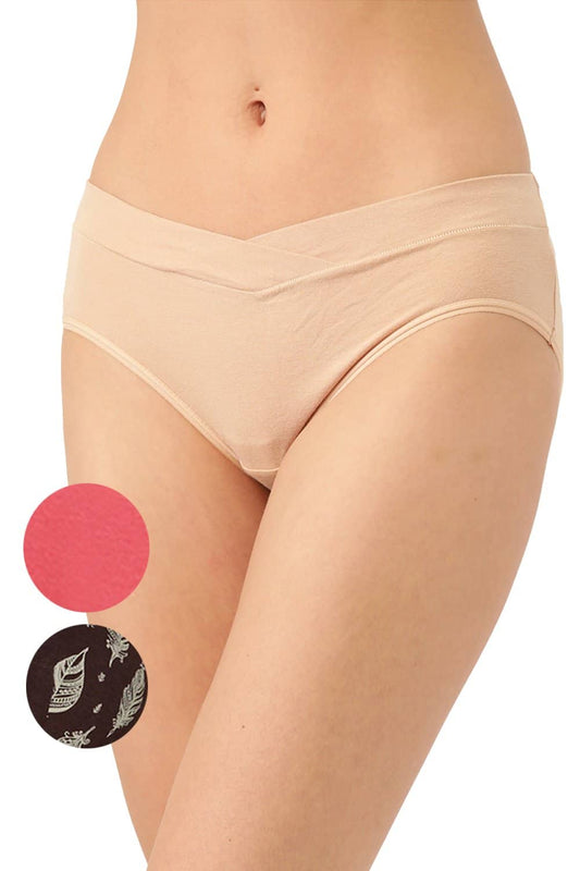 Organic Cotton Antimicrobial Maternity Panty (Pack Of 3)-IMP102-Skin_Bright Pink_Feather Print-