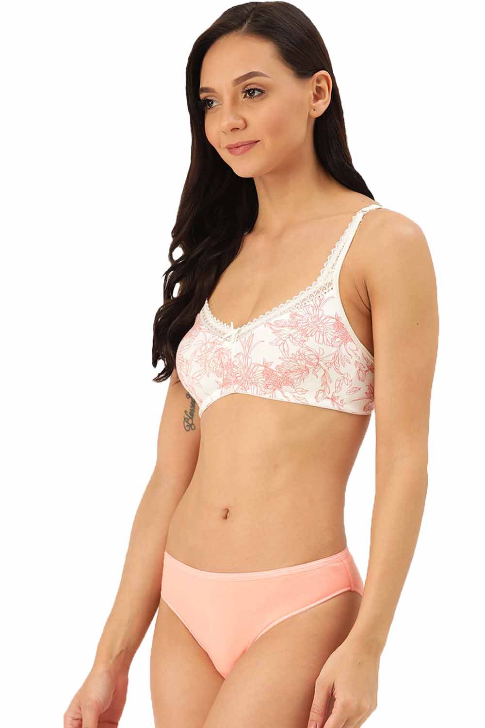 Organic Cotton Antimicrobial Soft Laced Bra & Panty Set-ISBP017-Carrot print-