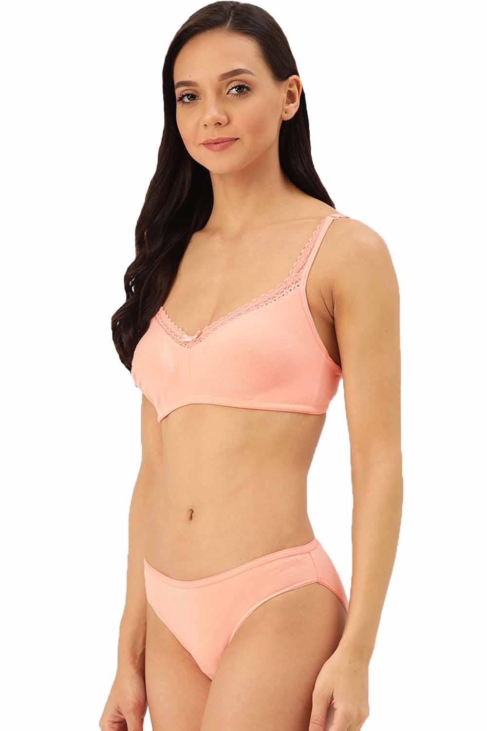 Organic Cotton Antimicrobial Soft Laced Bra & Panty Set-ISBP017-Peachy Pink-